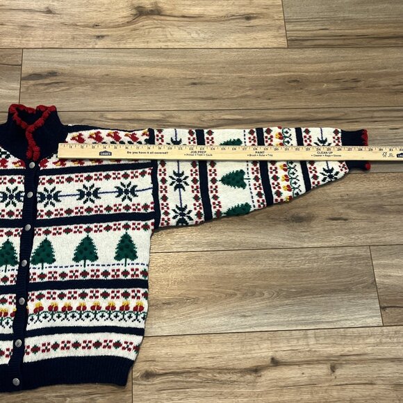 Christmas Cardigan Sweater SZ Large Fair Isle Holiday Trees 100% Wool Collared - Picture 5 of 13